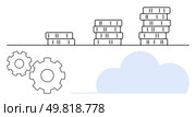 Stacks of coins of increasing height with two gears and a cloud symbol. Ideal for finance, technology integration, investments, savings, digital banking, cloud services, economic growth. Line. Stacks of Coins Next to Gears and Cloud Representing Financial Growth and Cloud Technology. Стоковая иллюстрация, агентство Ingram Publishing / Фотобанк Лори