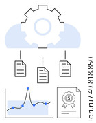 Gear cloud documents data graph, and certified contract symbolize technology, efficiency, analysis, data-driven decisions, cloud solutions, business growth, and validation. Central connection. Cloud-Based Data Integration with Analytics and Certification Elements. Стоковая иллюстрация, агентство Ingram Publishing / Фотобанк Лори