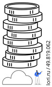 Businessman in blue presenting with raised arm next to a stack of coins and a cloud below. Ideal for finance, banking, investment, cloud computing, growth strategies, business presentations. Businessman Presenting Stacked Coins and Cloud Growth Concept in Blue and White. Стоковая иллюстрация, агентство Ingram Publishing / Фотобанк Лори