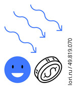 Smiling face and dollar coin with three descending arrows above. Ideal for finance, success, investment, economy, stock market, positive outcomes, business growth. Line metaphor. Smiling face and dollar coin under descending arrows, representing financial happiness and success. Стоковая иллюстрация, агентство Ingram Publishing / Фотобанк Лори