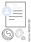 User profile icon on document, coin, and two gears suggesting efficiency. Ideal for business processes, finance, administrative tasks, optimization, financial planning, human resources operational. Document with user profile icon, coin, and gears representing financial and operational concepts. Стоковая иллюстрация, агентство Ingram Publishing / Фотобанк Лори