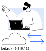 Man with beard using laptop and pointing upward with bidirectional arrows and cloud icon indicating data transfer. Ideal for cloud computing, data management, remote access, digital workflows, IT. Man Using Laptop Gesturing Upward with Cloud and Bidirectional Arrows Illustrating Data Transfer. Стоковая иллюстрация, агентство Ingram Publishing / Фотобанк Лори