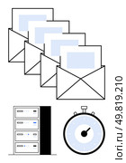 Multiple envelopes server stack, and stopwatch symbolize email, data management, and timely communication. Ideal for digital communication, time management, productivity, IT services, data storage. Efficient Email System with Server, Multiple Envelopes, and Stopwatch for Timely Communication. Стоковая иллюстрация, агентство Ingram Publishing / Фотобанк Лори