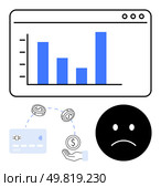 Bar graph with declining bars, sad face, hand holding money, soaring expenses. Ideal for financial planning, budgeting, debt management, expense tracking, business forecasting financial education. Financial report showing decreasing funds with a sad face highlighting financial distress and expenses. Стоковая иллюстрация, агентство Ingram Publishing / Фотобанк Лори