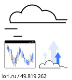 Cloud above a window with financial graph and arrows moving upwards. Ideal for cloud computing, data analytics, finance, growth strategies, technology trends, business forecasting, and predictive. Cloud Computing and Financial Data Analytics with Growth Arrows. Стоковая иллюстрация, агентство Ingram Publishing / Фотобанк Лори