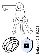 Keyring with multiple keys, dollar coin, and security shield with lock. Ideal for security, finance, safety, protection, wealth management encryption investment. Line metaphor. Keyring with Multiple Keys, Dollar Coin, and Security Shield with Lock Icon for Security and Finance Themes. Стоковая иллюстрация, агентство Ingram Publishing / Фотобанк Лори