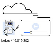 Robot with antennae pointing at a minimalist cloud, play button, video progress bar. Ideal for technology, AI, robotics, media streaming, cloud services, user interface, digital innovation themes. Robot Pointing at Cloud Streaming Video Player, Simplifying Technology and Media Access. Стоковая иллюстрация, агентство Ingram Publishing / Фотобанк Лори