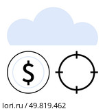 Cloud symbol above dollar sign and crosshair icons conveying concepts of financial transactions, strategic goals, and data security. Ideal for business strategy, financial planning, technology. Cloud computing with financial management and target focus represented by dollar and crosshair icons. Стоковая иллюстрация, агентство Ingram Publishing / Фотобанк Лори