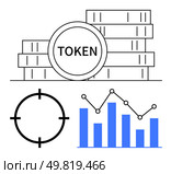 Stacks of tokens labeled TOKEN with target symbol and blue bar graph showing growth. Ideal for finance, investment, blockchain, cryptocurrency, data analysis, business forecasting, and economic. Cryptocurrency tokens stacked with target symbol and bar graph illustrating growth and market trends. Стоковая иллюстрация, агентство Ingram Publishing / Фотобанк Лори
