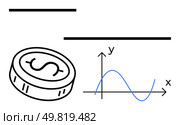 Coin with dollar sign next to a blue line graph on an XY-axis. Ideal for finance, investment, market analysis, economics, profit trends, stock market, business growth themes. Line metaphor. Coin and Graph Analysis with Annotations for Financial Data and Market Trends. Стоковая иллюстрация, агентство Ingram Publishing / Фотобанк Лори