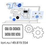 AI chatbot on laptop screen communicating with users through chat bubbles and emoticons. Binary code displayed with gear icons below. Ideal for customer service, automation, AI, technology. AI Chatbot Interacting on Laptop with Binary Code and Gear Icons Representing Automation. Стоковая иллюстрация, агентство Ingram Publishing / Фотобанк Лори