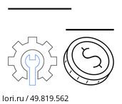 Gear with a wrench and coin with a dollar sign. Ideal for finance, investment, economics, technical support, engineering, maintenance, business management and cost control themes. Line metaphor. Gear with Wrench and Coin with Dollar Sign Denote Economics and Maintenance. Стоковая иллюстрация, агентство Ingram Publishing / Фотобанк Лори