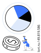 Businesswoman in blue suit with binoculars, large pie chart and coin. Ideal for finance, investment strategies, business analysis, economic reports, market research, financial planning, forecasting. Businesswoman looking through binoculars at financial charts and pie graph, focusing on future investments. Стоковая иллюстрация, агентство Ingram Publishing / Фотобанк Лори