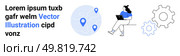 Woman working on laptop. Location pins on globe icon, large gears. Ideal for remote work, collaboration, technology, global connectivity, engineering, productivity, modern workspaces. Landing page. Remote Work and Collaboration Concept Featuring Woman with Laptop and Global Connectivity. Стоковая иллюстрация, агентство Ingram Publishing / Фотобанк Лори