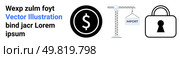 Dollar symbol in black circle, construction crane hoisting import sign, and padlock image represent finance, construction, and security themes. Ideal for business, finance, construction, security. Dollar Symbol, Construction Crane Lifting Import Sign, and Padlock with Bold Text. Стоковая иллюстрация, агентство Ingram Publishing / Фотобанк Лори