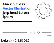 Text elements in varying fonts and sizes, gear symbol, lines, and circles convey a professional and modern look. Ideal for business presentations, technology websites, landing pages, corporate. Minimalist Gear and Text Layout Design for Business and Technology Themes. Стоковая иллюстрация, агентство Ingram Publishing / Фотобанк Лори