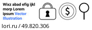 Combination of text Wixz abad efig ijkl morp Lorem ipsum Vector Illustration, a locked padlock, a currency symbol, and a magnifying glass. Ideal for security, finance, search, protection, encryption. Security Lock, Currency Symbol, and Magnifying Glass with Lorem Ipsum Text. Стоковая иллюстрация, агентство Ingram Publishing / Фотобанк Лори