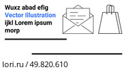 Envelope with letter and shopping bag outlined in black with placeholder text. Ideal for email marketing, communications, online shopping, e-commerce, newsletters, mail services, business. Minimalistic envelope and shopping bag concept with placeholder text for email or e-commerce themes. Стоковая иллюстрация, агентство Ingram Publishing / Фотобанк Лори