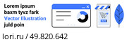Web interface with a pie chart, shopping cart icon, storefront awning, and blue leaf. Ideal for e-commerce websites, analytics dashboards, marketing brochures, online stores, business presentations. E-commerce and Analytics Concept with Shopping Cart, Pie Chart, and Blue Leaf Elements. Стоковая иллюстрация, агентство Ingram Publishing / Фотобанк Лори