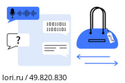 Chat bubbles with microphone, binary code, and question mark surrounding a shopping bag with price tag. Ideal for online shopping, customer service, AI, chatbots, retail e-commerce. Line metaphor. E-commerce Chatbots Facilitating Online Shopping and Customer Inquiry Resolution. Стоковая иллюстрация, агентство Ingram Publishing / Фотобанк Лори