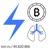 Bitcoin symbol within clock, blue lightning bolt, and blue lung illustration. Ideal for technology, cryptocurrency, healthcare, energy, medical, time-management, finance concepts. Line metaphor. Bitcoin Symbol in Clock, Blue Lightning Bolt, and Blue Lung Illustration for Diverse Thematic Use. Стоковая иллюстрация, агентство Ingram Publishing / Фотобанк Лори