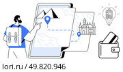 Male hiker with backpack, pointing at map on mobile device, waypoint markers on mountains, castle. Ideal for travel, navigation, adventure planning, tourism, digital mapping exploration trip. Adventurous traveler using modern mapping technology to plan a detailed vacation itinerary. Стоковая иллюстрация, агентство Ingram Publishing / Фотобанк Лори