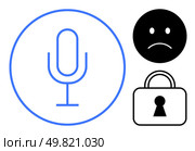 Microphone inside circle, sad face, and padlock with keyhole. Ideal for privacy, communication, data security, digital conversations, emotional expression confidentiality and online safety. Line. Microphone within a Circle, Sad Face, and Lock Representing Communication and Privacy Concerns. Стоковая иллюстрация, агентство Ingram Publishing / Фотобанк Лори