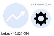 Growth arrow in circle indicating progress and gear icon representing settings. Ideal for business performance, data analysis, tech settings, process optimization, productivity, development. Minimalist Growth Arrow and Gear Icons Representing Progress and Settings. Стоковая иллюстрация, агентство Ingram Publishing / Фотобанк Лори