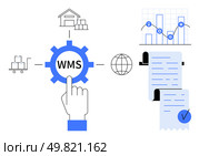 Hand points to WMS on a gear. Nearby are a warehouse, cart, graph, globe, and document. Ideal for logistics, inventory control, warehousing, supply chain management, and business analytics themes. Warehouse Management System Overview with Graphs and Logistics Elements. Стоковая иллюстрация, агентство Ingram Publishing / Фотобанк Лори