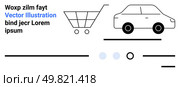 Shopping cart icon, car icon, placeholder text, and various lines. Ideal for e-commerce, transportation, minimalistic design, online shopping, user interface, website layout, product selection. Minimalist E-commerce Landing Page Elements with Shopping Cart and Car Icons Description. Стоковая иллюстрация, агентство Ingram Publishing / Фотобанк Лори