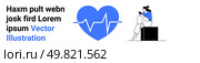 Person reading on a tablet while sitting next to a large blue heart with a heartbeat line. Ideal for health, wellness, technology, education, digital content, self-care, medical topics. Landing page. Person Reading on a Tablet Next to a Heartbeat Graphic and Placeholder Text Caption. Стоковая иллюстрация, агентство Ingram Publishing / Фотобанк Лори