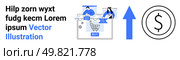 Teamworking on laptops, shopping cart, blue upward arrow, and dollar sign indicate growth, revenue, and e-commerce success. Ideal for online shopping, business growth, teamwork revenue increase. E-commerce growth with online shopping, teamwork, and revenue increase represented visually. Стоковая иллюстрация, агентство Ingram Publishing / Фотобанк Лори