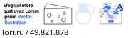 Cheese, milk jug, people using laptop and purchasing online. Placeholder text suggests customization possibilities. Ideal for e-commerce, dairy products, online shopping, food delivery, digital. Online Shopping Experience with Cheese and Milk Iconography, Including Placeholder Text. Стоковая иллюстрация, агентство Ingram Publishing / Фотобанк Лори