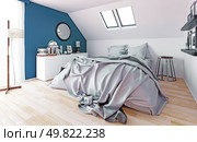 Modern attic bedroom with wrinkled bed sheets and blue accent wall. 3d rendering.. Bedroom with unmade bed and blue wall. Стоковое фото, агентство Ingram Publishing / Фотобанк Лори