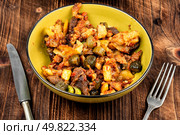 Fragrant traditional Tatar dish Azu. Azu veal fried with potatoes and pickled cucumbers.. Meat stew made from beef with potatoes and pickles. Стоковое фото, агентство Ingram Publishing / Фотобанк Лори