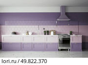 Spacious kitchen window hints freedom and natural light 3D rendering.. Spacious kitchen with large window. Стоковое фото, агентство Ingram Publishing / Фотобанк Лори