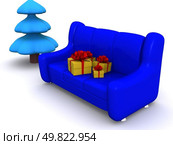 present boxes on sofa and pinetree. 3d. Стоковое фото, агентство Ingram Publishing / Фотобанк Лори