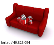 present boxes on sofa. 3d. Стоковое фото, агентство Ingram Publishing / Фотобанк Лори