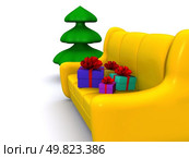 present boxes on sofa and pinetree. 3d. Стоковое фото, агентство Ingram Publishing / Фотобанк Лори