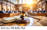 Courtroom with judge's gavel and law book highlighting legal justice, courtroom proceedings and governance concepts in professional legal environment. Стоковое AI-изображение, AI-художник Igor Tichonow / Фотобанк Лори