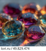 Faceted multicolored gemstones with gold inclusions on textured surface. Стоковое AI-изображение, AI-художник Артур Легков / Фотобанк Лори