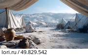 Historical desert encampment scene with caucasian male in white robes amidst tents and pottery. Стоковое AI-изображение, AI-художник Olga Didraga / Фотобанк Лори