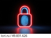 Glowing neon padlock with fingerprint icon on dark background, symbolizing biometric security, privacy protection, and modern digital authentication technology. Стоковое AI-изображение, AI-художник Катерина Бондарец / Фотобанк Лори