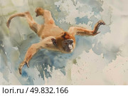 A painting showing a monkey soaring through the air with outstretched arms, leaping from branch to branch. Стоковое AI-изображение, AI-художник Данила Большаков / Фотобанк Лори