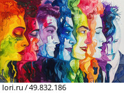 A group painting depicting a diverse group of people with different skin colors standing together. Стоковое AI-изображение, AI-художник Данила Большаков / Фотобанк Лори