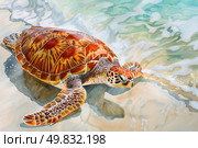 A painting showcasing a turtle crawling on a sandy beach, surrounded by seashells and ocean waves. Стоковое AI-изображение, AI-художник Данила Большаков / Фотобанк Лори