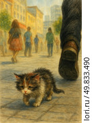 A touching and emotional illustration of a little kitten lost on a city street among indifferent passers-by. The artistic scene is conveyed in a soft watercolor manner, creating an atmosphere of fragility and loneliness. The kitten with sad eyes walks along the pavement, and a large human foot passes by - a symbol of large-scale indifference. The people in the background are busy with their own affairs, not noticing the little lost creature. The illustration is suitable for themes of social responsibility, helping homeless animals, indifference of society, and can also be used in charity and educational projects. Стоковое AI-изображение, AI-художник Анна Кривицкая / Фотобанк Лори