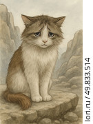 A watercolor illustration of a sad long-haired cat sitting on a rocky surface surrounded by rocky mountains. The cat has large sad eyes, drooping ears, and an expression of loneliness and melancholy. His fur is brown and white, with a bushy tail and a slightly tousled appearance, emphasizing a state of anxiety or loss. The background is done in soft gray and beige tones, creating an atmosphere of isolation and silent drama. The illustration evokes empathy and is perfect for projects on the topic of animal protection, loneliness, emotional art, or visual storytelling. Стоковое AI-изображение, AI-художник Анна Кривицкая / Фотобанк Лори