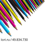 many rows of CMYK colored pencils. 3D. Стоковое фото, агентство Ingram Publishing / Фотобанк Лори