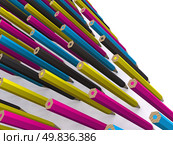 many rows of CMYK colored pencils. 3D. Стоковое фото, агентство Ingram Publishing / Фотобанк Лори